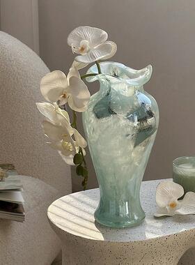 蓝色透明玻璃花瓶中式风格复古花边装饰花器摆件客厅玄关插花水培