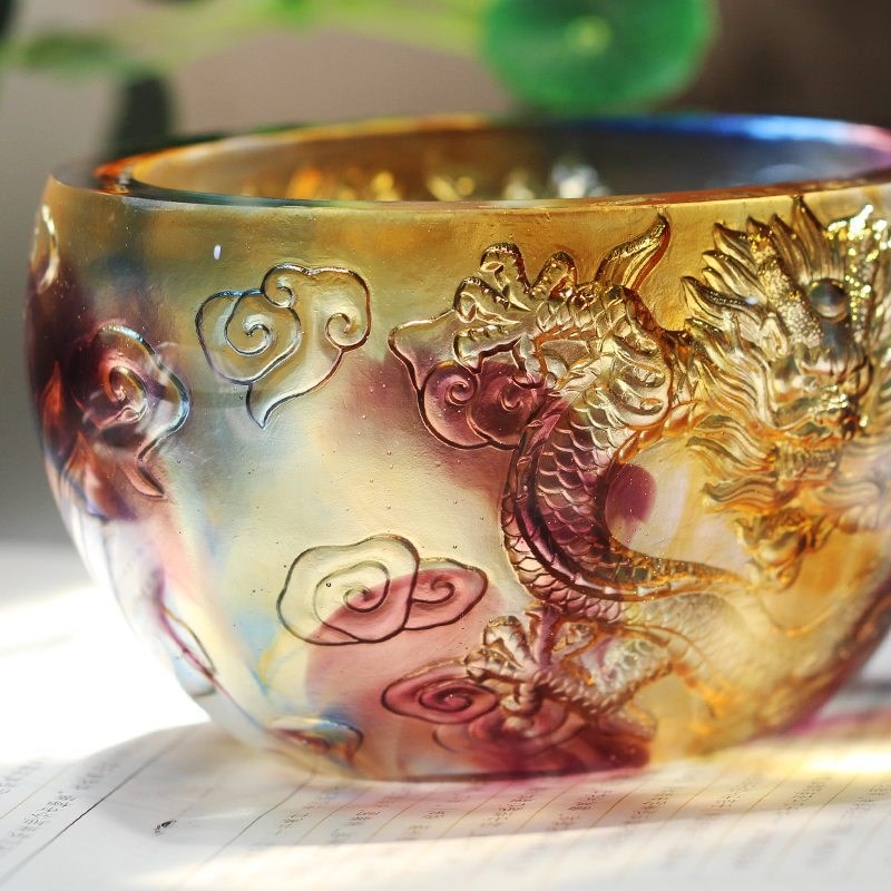古法琉璃a祥龙聚宝盆居家客厅商铺前台桌面摆放招财装饰商务送礼