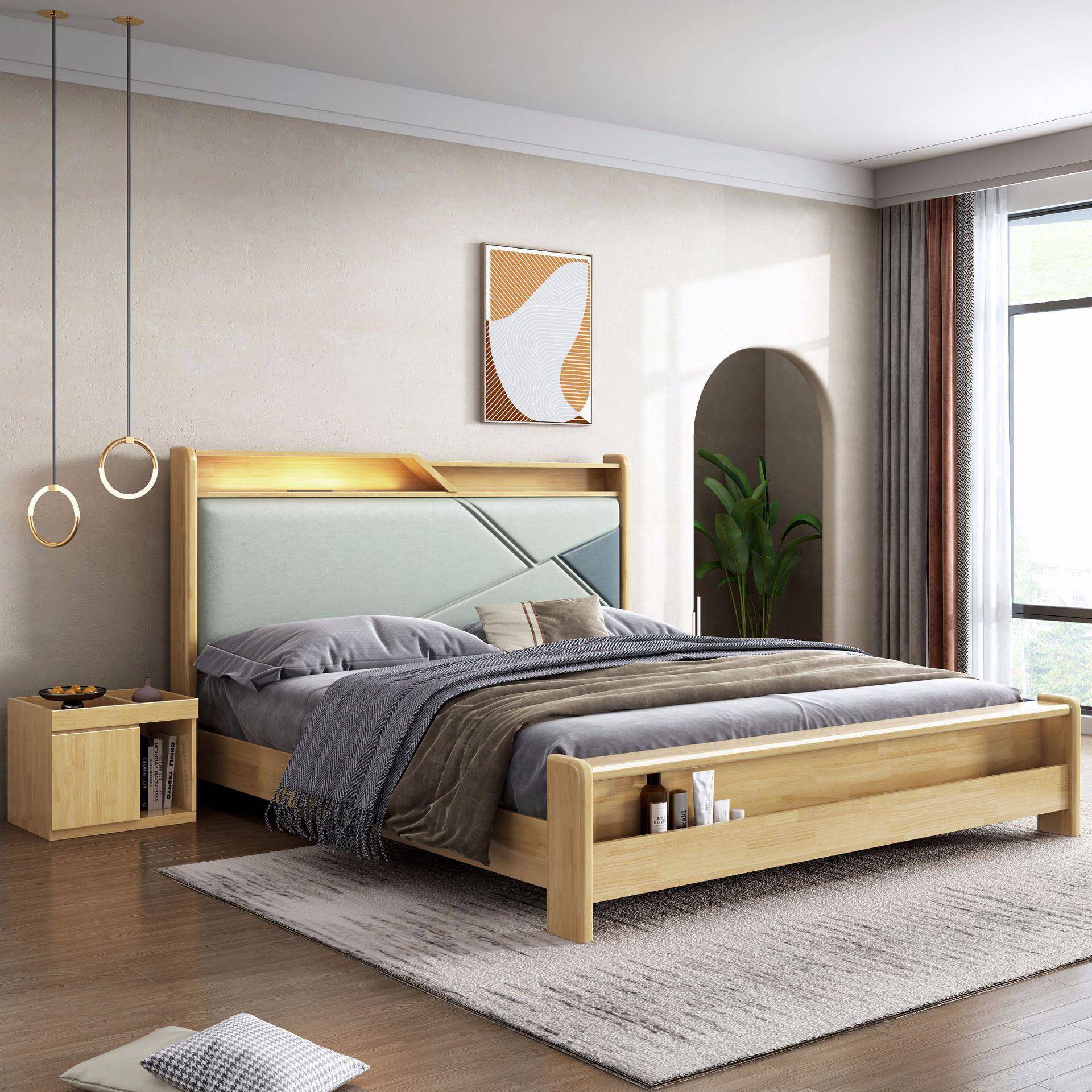 北欧实木床双人床卧室1.8米现代简约软靠床实木婚床