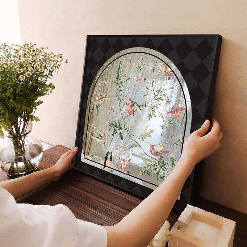 2024新款梳妆台法式中古镜子装饰画桌面摆画高级感免打孔卧室挂画