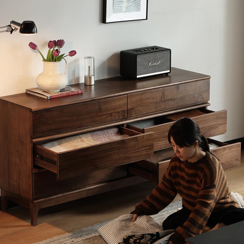 0J实木六斗柜黑胡桃木卧室客厅靠墙收纳抽屉储物柜床尾置物柜