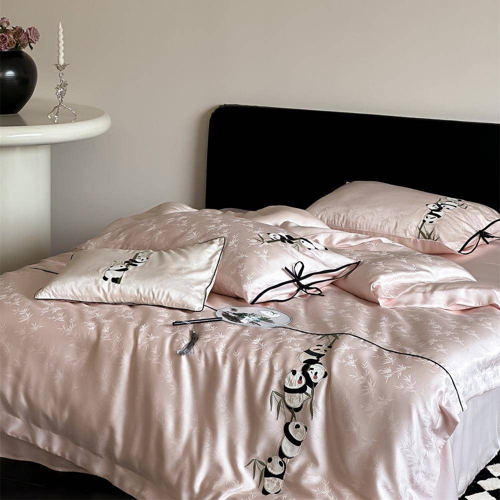 东方国风熊猫天丝提花高贴布绣夏季丝滑被套床单床笠款四件套