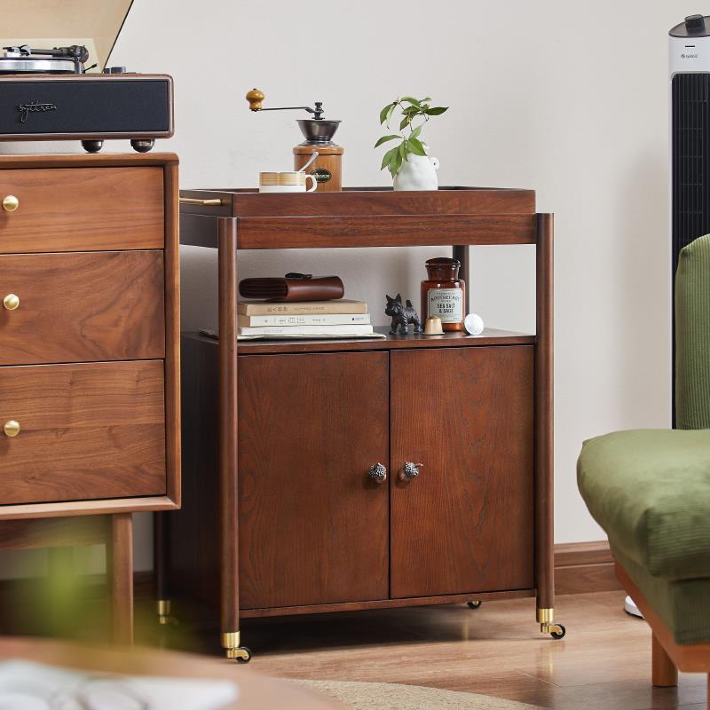 A10L实木复古餐边柜厨房置物架带门柜子可移动小推车储物柜