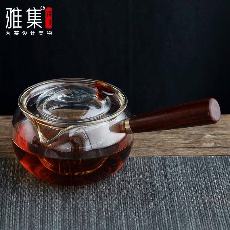 A5L茶具明趣泡茶壶木柄侧把壶分茶器茶水分离泡茶壶耐热玻璃