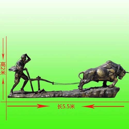 农耕文化玻璃钢雕塑仿铜人物牛耕地民俗主题公园装饰农民劳动摆件