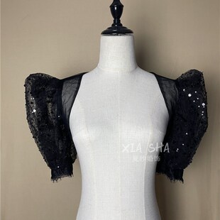 子小外套披肩泡泡袖 黑色蕾丝亮片新娘遮肩膀婚纱礼服装 饰单独袖