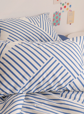 山川蓝色条纹100全棉枕套48cmx74cm枕头套单个一对装学生宿舍