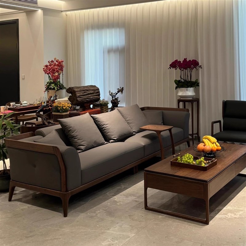 新中式北美黑胡桃木家用客厅直排沙发意式真皮实R木办公室实用沙