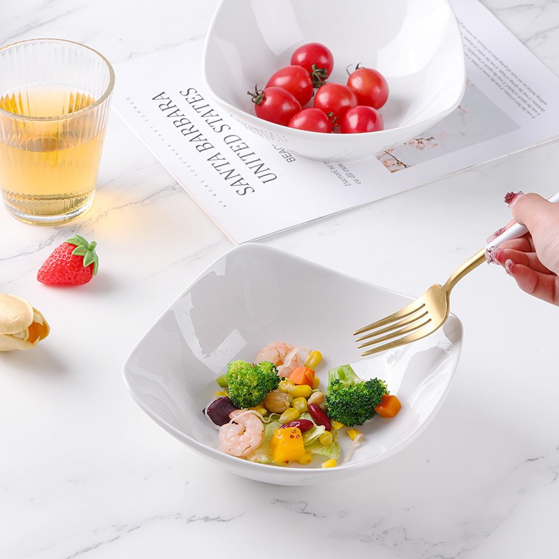 纯白简约四角方形汤碗陶瓷翘脚碗创意菜盘L盘子家用深盘4只装餐具