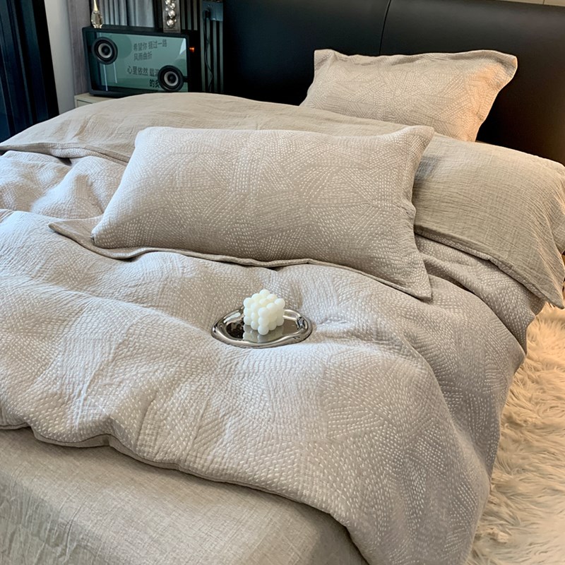 北欧风高级感三h层纱提花四件套全棉简约线条灰色被套1.8m床上用