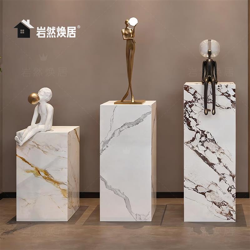 新品鱼肚金岩板花架展示台客厅玄关雕塑摆件大理石底座摆台工艺品