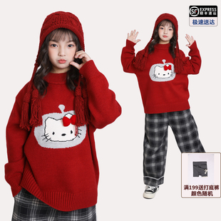 新年儿童羊绒混纺圣诞款女童圆领抗起球红色毛衣秋冬柔软保暖上衣