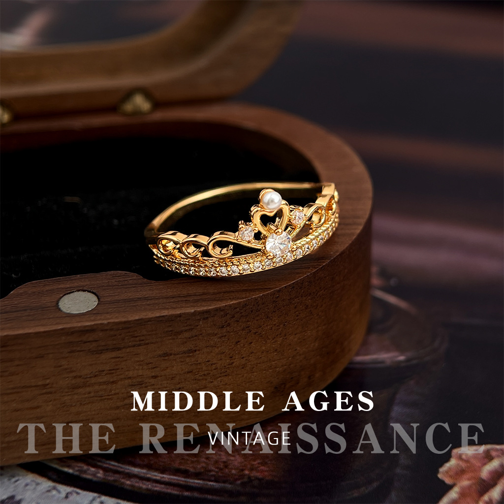 vintage中古风皇冠锆石珍珠戒指轻奢优雅开口可调节指戒文艺复古