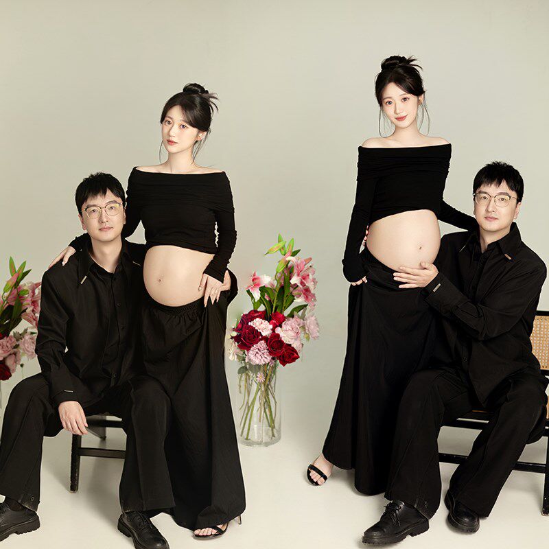 拍照孕妇装2025孕妇照服装室内简约风高级感孕妈大肚照黑色两件套