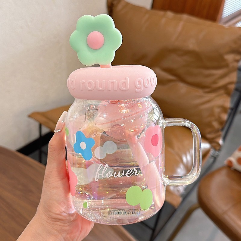 大肚玻璃杯女生大容量茶水分x离泡茶杯夏季耐高温办公室手柄吸管