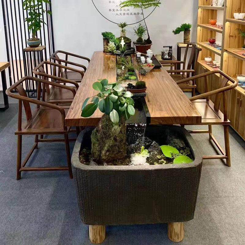 新中式流水茶台茶桌养鱼循环生态景观创意仿古实木功夫茶桌椅组合