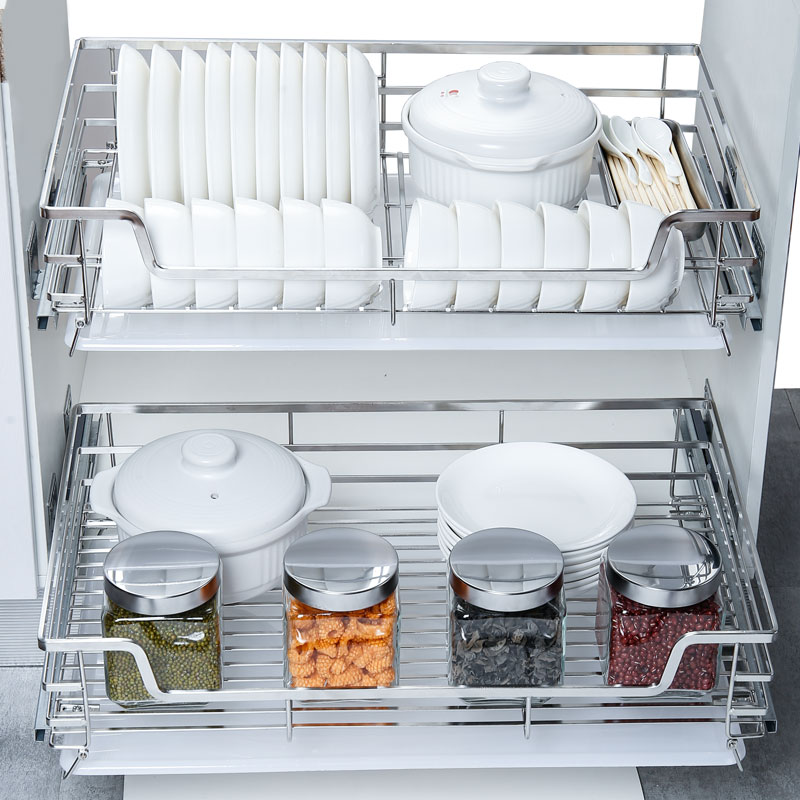 龙海森厨房橱柜拉篮304不锈钢收纳调味篮碗架双层抽屉式碗碟碗篮