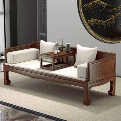 新中式罗汉床实木推拉床小户型客厅乌金木沙发床榻茶桌椅组合禅意