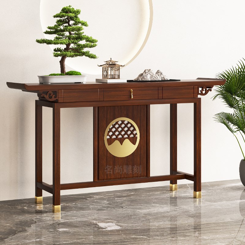 新中式玄关桌乌金木色榆木条案入户实木玄L关柜玄关台置物架装饰