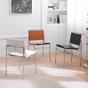 极简马鞍皮餐椅北欧轻奢不锈钢设计师款餐厅靠背凳轻奢现代款