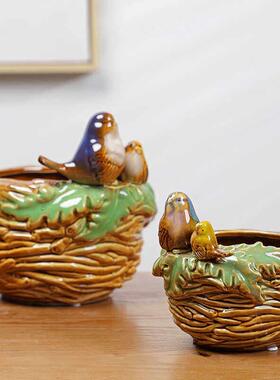 创意家居彩色釉小鸟鸟巢收纳笔筒多肉植物盆花盆高温陶瓷装饰摆设