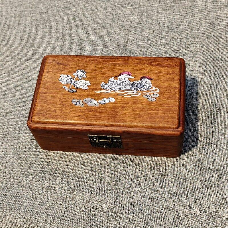 缅花红木收纳盒实木复古带锁螺钿工艺首饰盒18*11*6.5cm