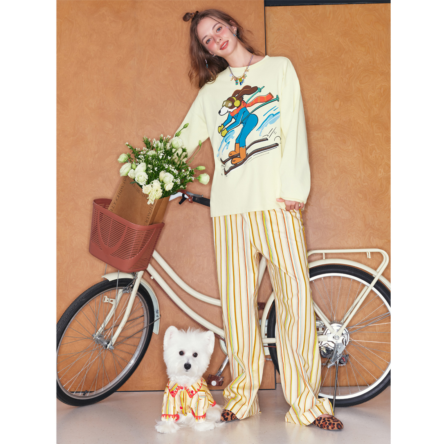 NAPPTOPIA呐噗【滑雪小狗】秋柔软印花条纹棉直筒裤人宠同款