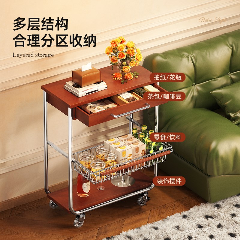 中古小推车置物架移动客厅复古茶几边几卧室床头柜零食收纳架子