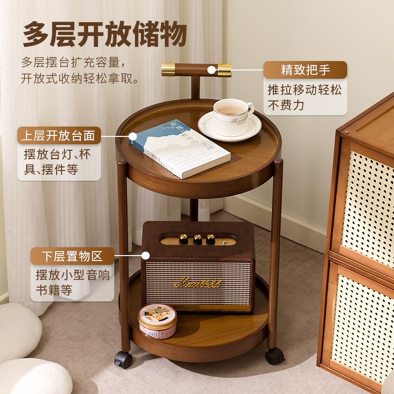 移动小推车中古茶几沙发侧边柜桌子复古小型床头柜带轮多层置物架