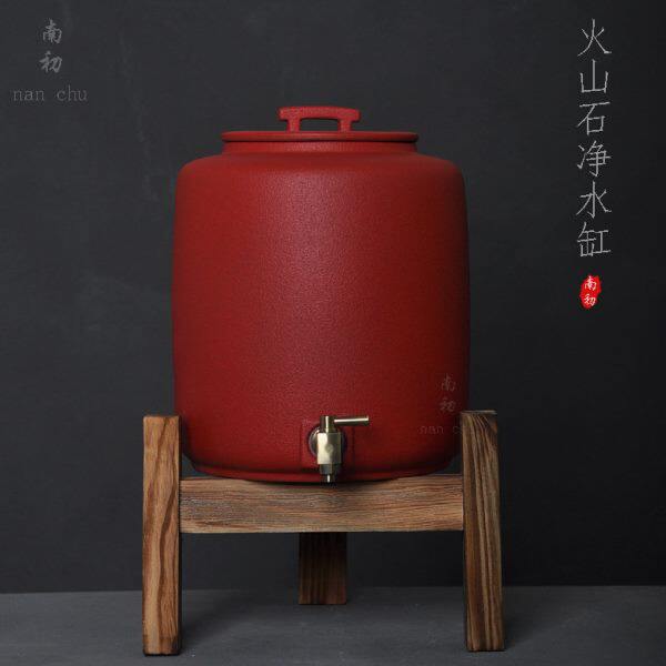 台湾火山石带龙头粗陶大号红色水缸净化储水器家用过滤陶瓷储水罐