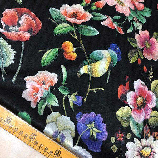 黑色底桑蚕丝弹力丝绸面料19姆米喷绘印花彩色花朵真丝缎宽幅布料