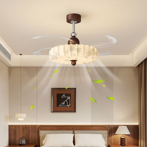 中古风宋代美学餐厅吊q扇灯法式复古南洋风印花布艺卧室房间风扇