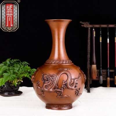 盛凡 铜花瓶龙凤呈祥花瓶摆件客厅插花家居装饰紫铜复古花瓶大号