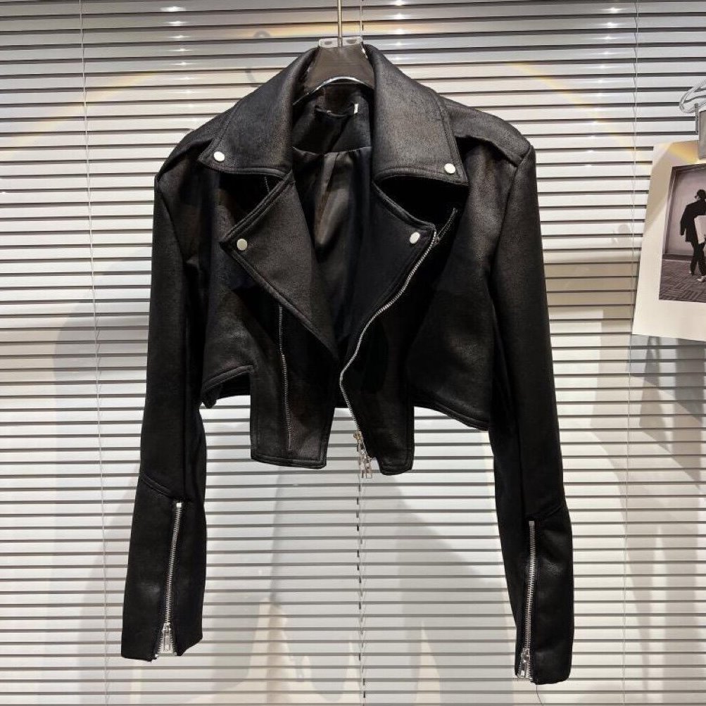 女童2023年秋季新款PU皮衣中大童大翻领铆钉纯色短款拉链皮外套潮