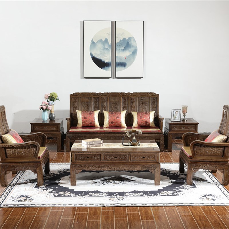 红木家具鸡翅f木沙发中式原木古典客厅小户型万字全实木沙发整装