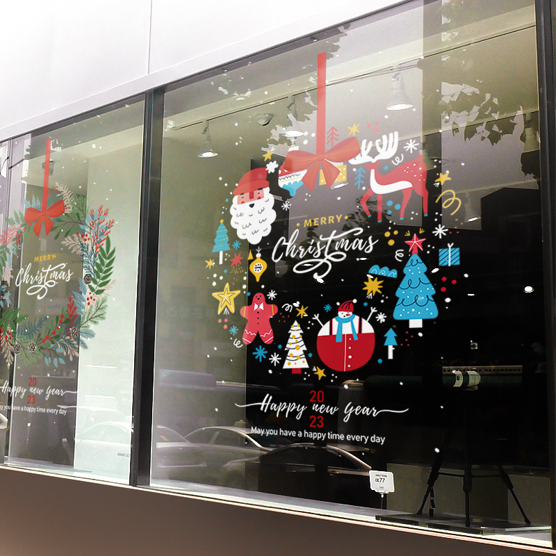 圣诞节装饰品场景布置节日氛围花环装扮窗贴橱窗S静电贴玻璃门贴