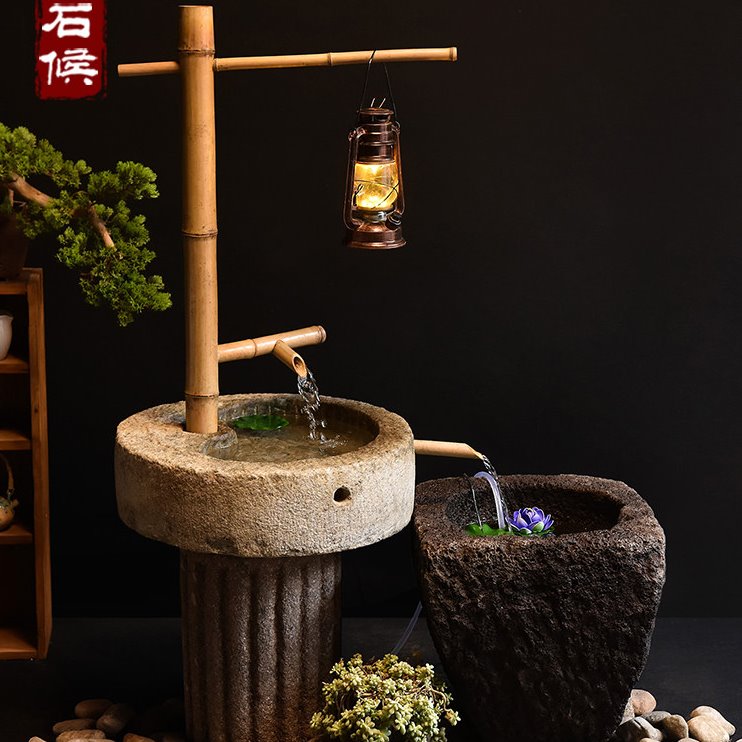 石槽鱼缸老石磨流水阳台摆件中式水景户外庭院景观室内旧石头花盆