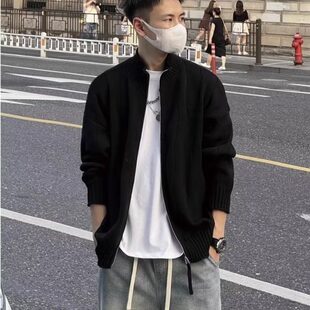 高级洋气高克重竖纹下摆线条点缀简约厚实宽松百搭针织开衫 秋冬季