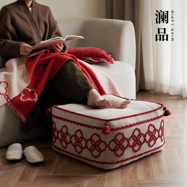 澜品『红装』立体绣花绒感国潮蒲团坐墩客厅墩子坐垫凳沙发垫凳子