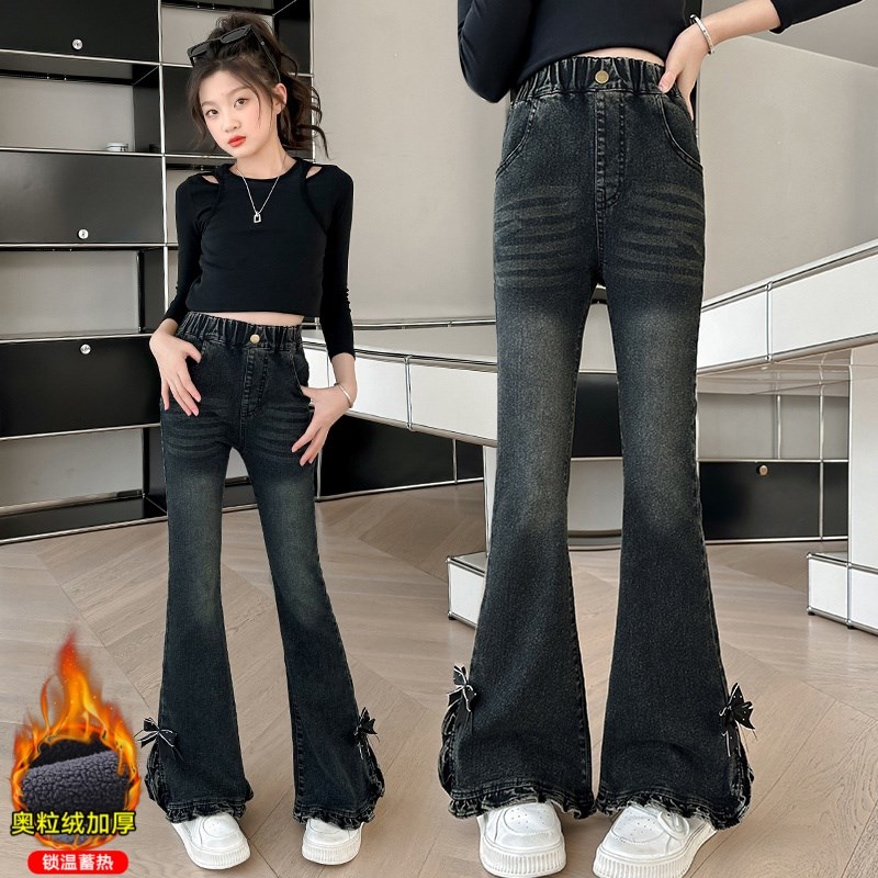 女童加绒喇叭裤秋冬新款中大童加厚一体绒修身裤子洋气儿童牛仔裤