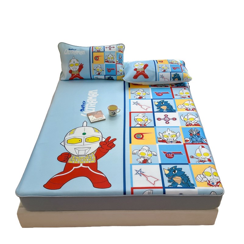 夏季儿童空调凉席床笠款三件套可水洗卡通奥特曼冰丝席学生床垫子