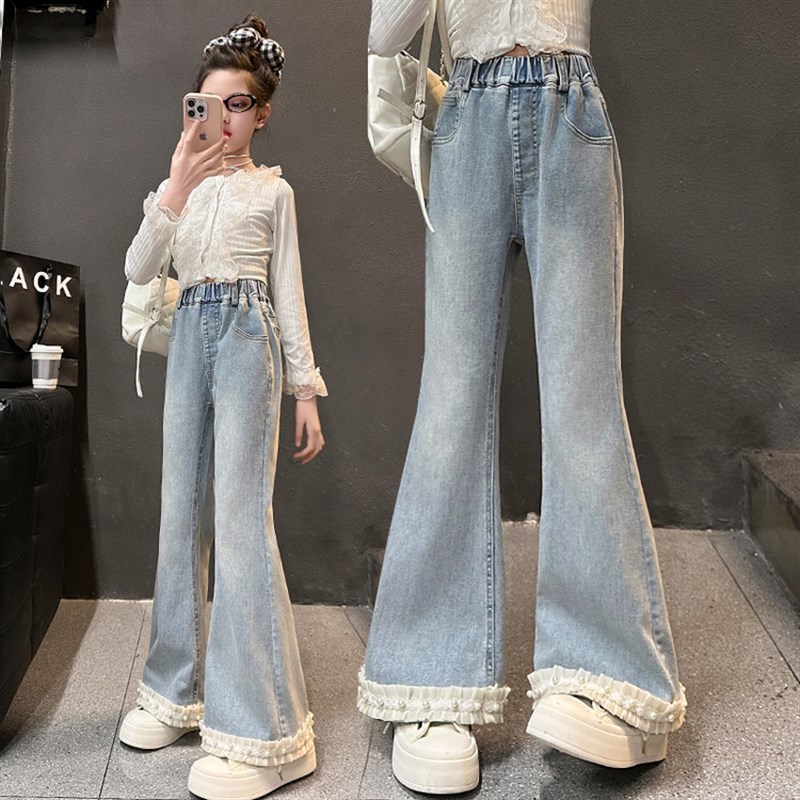 女童喇叭裤春秋2025新款儿童修身裤子女孩大童春季弹力微喇牛仔裤