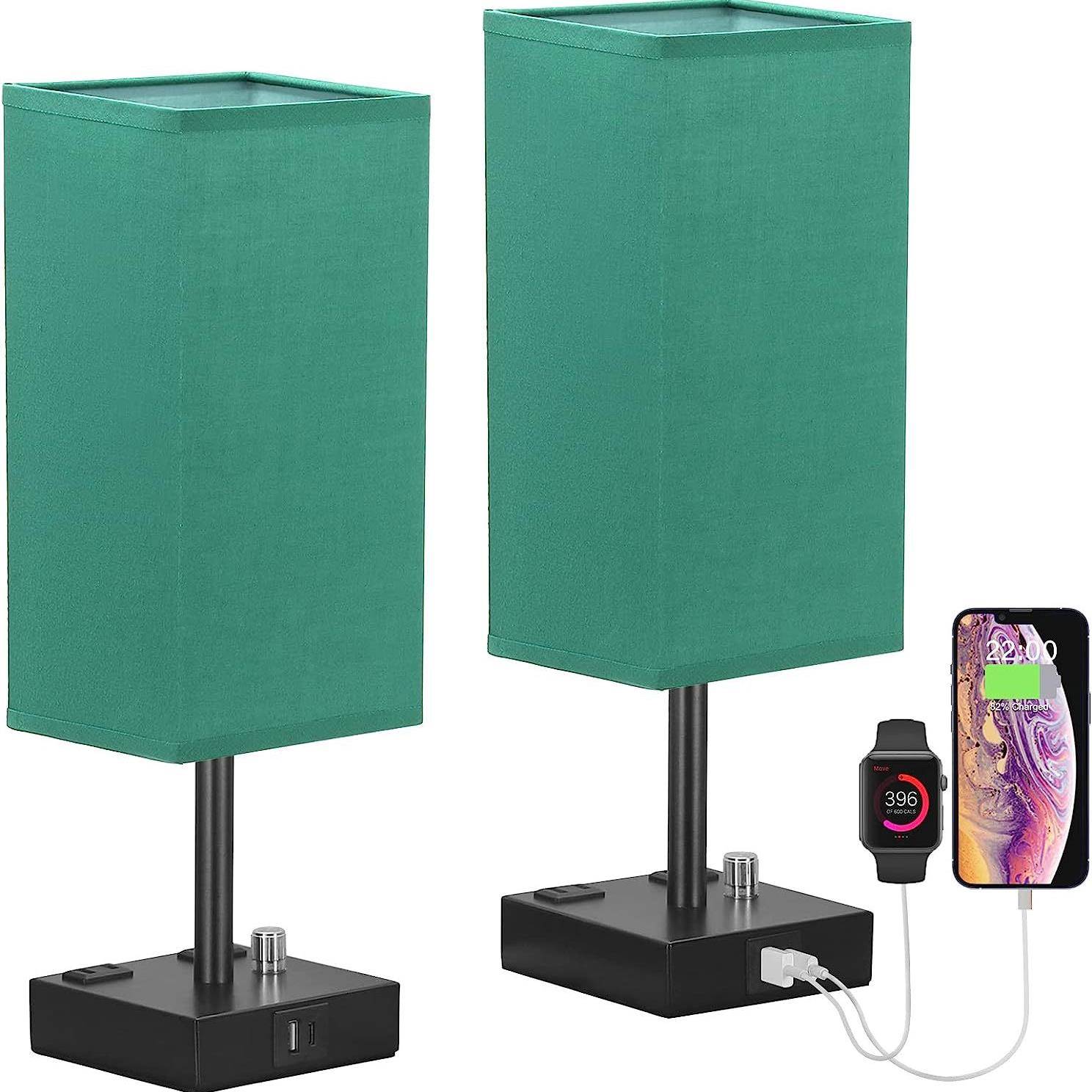 爆款USBC+A充电卧室床头客厅方形亚麻布艺旋钮调光台灯