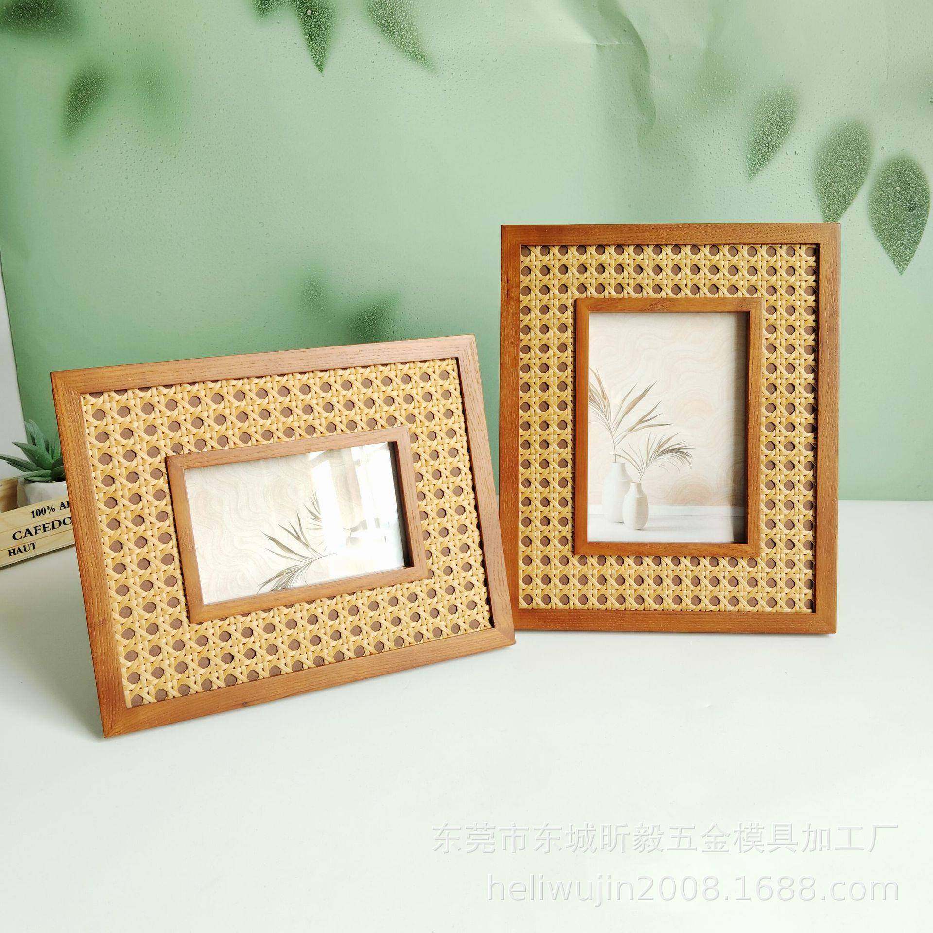 环保胡桃色水曲柳实木镶嵌藤编相框摆台，时尚创新样板间摆台