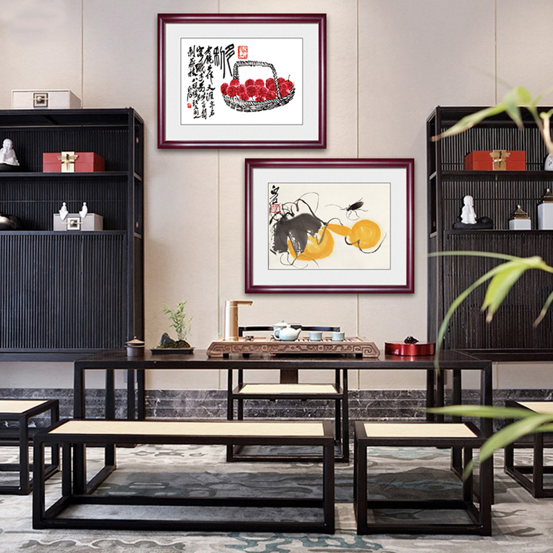 新中式齐白石虾水墨装饰画客厅餐厅饭厅墙壁水果挂画玄关卧室国画图片