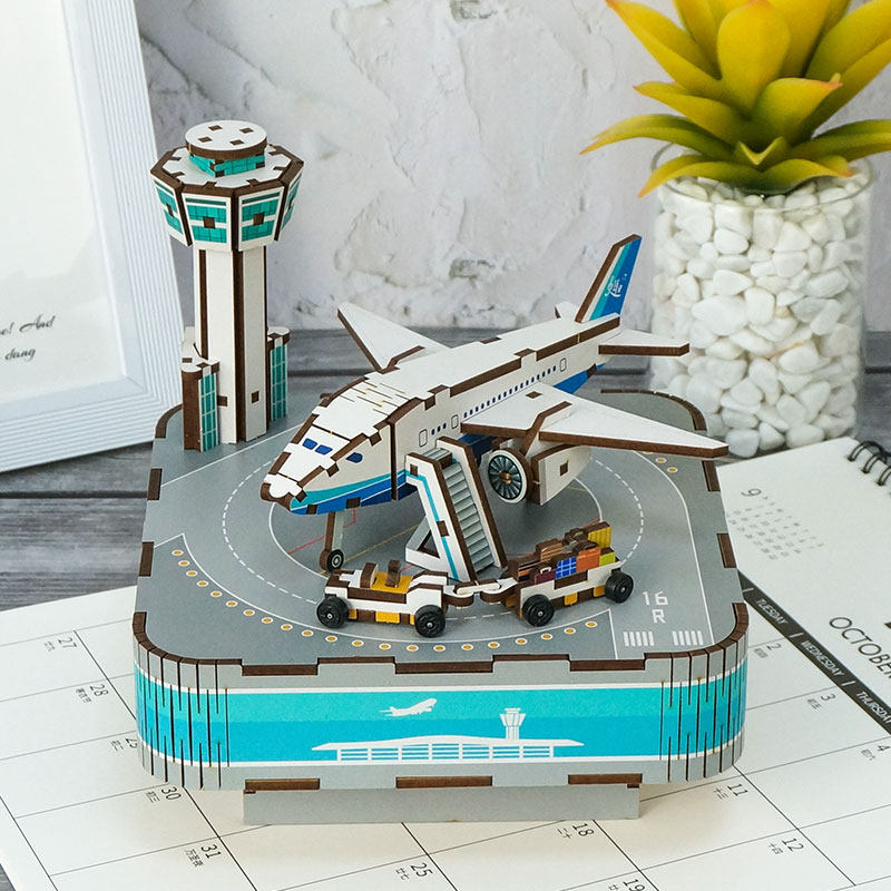 航空港八音盒木质旋转同趣拼装音乐盒DIY创意礼品航空男生日礼物
