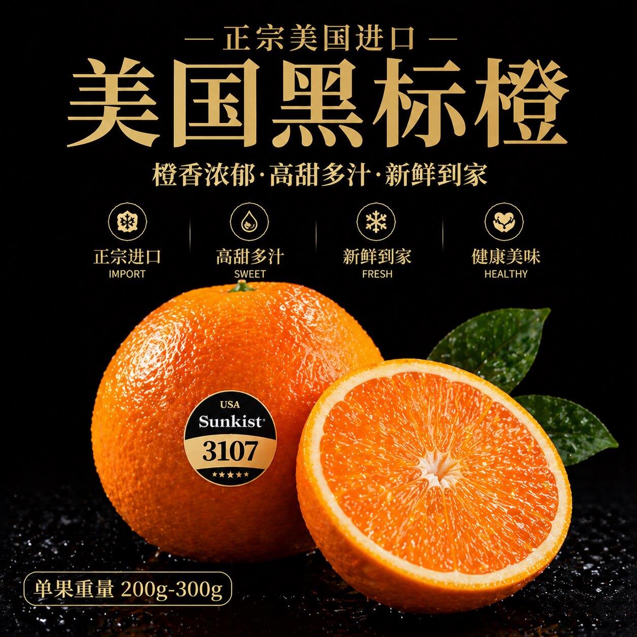 新奇士进口3107黑标橙子新鲜水果 当季甜脐大果整箱礼盒装