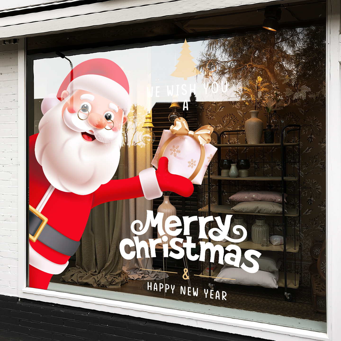 圣诞老人橱窗玻璃静电贴场景布置