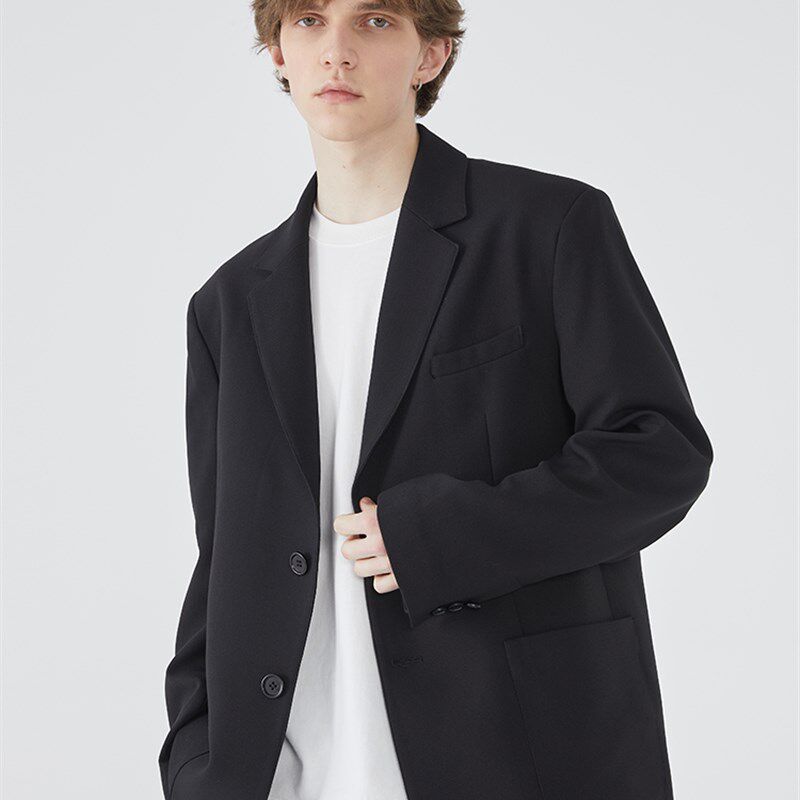 2024秋冬黑色西装男士宽松原创设计师款覆古休闲韩版小西服男外套