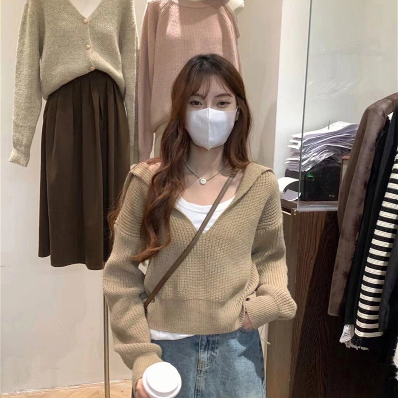 复古小众设计感V领海军领短款毛衣女秋冬外穿加厚套头高腰针织衫